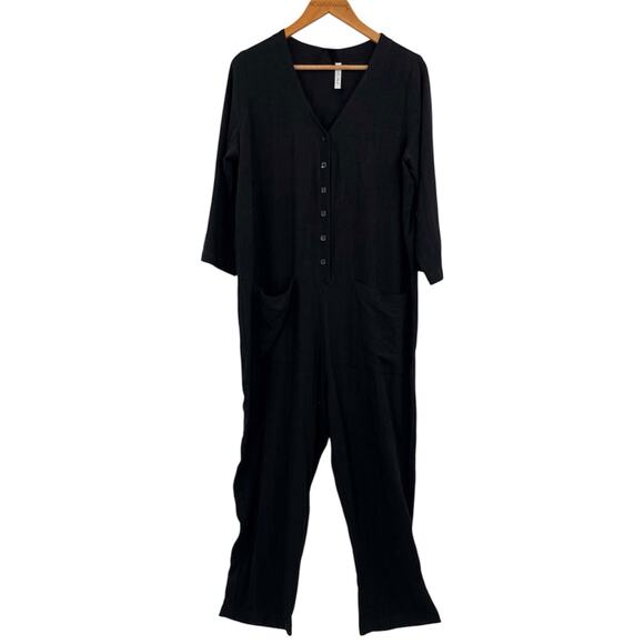 Rachel Palley Black Jumpsuit Linen Blend Relaxed Comfy Casual Fit Pockets Size L - Picture 1 of 7